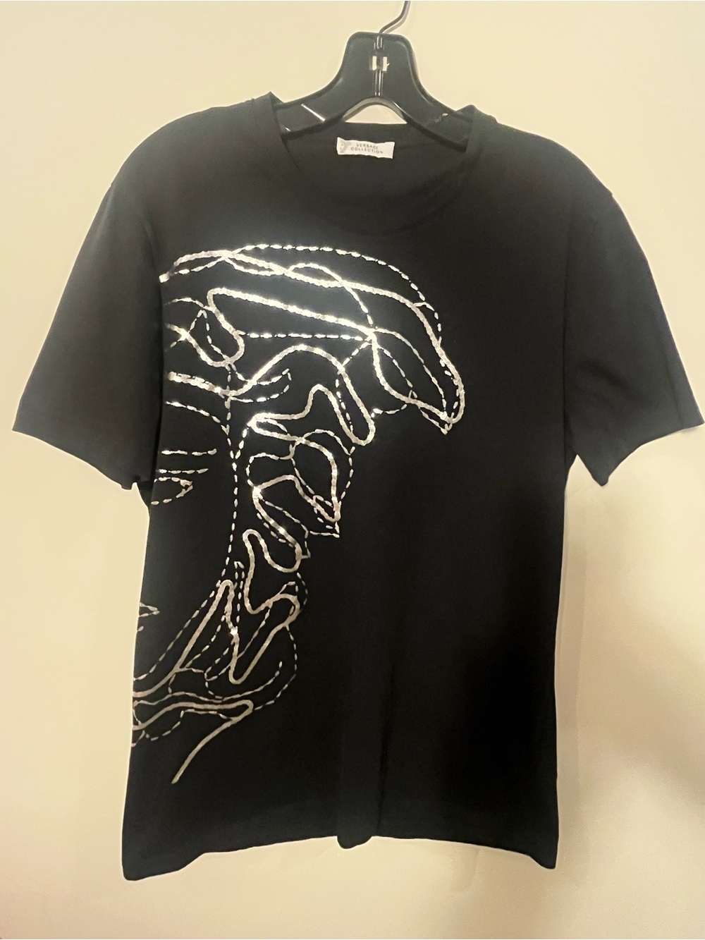Versace Black Short-Sleeve Tee with Silver Graphic Medusa Outline